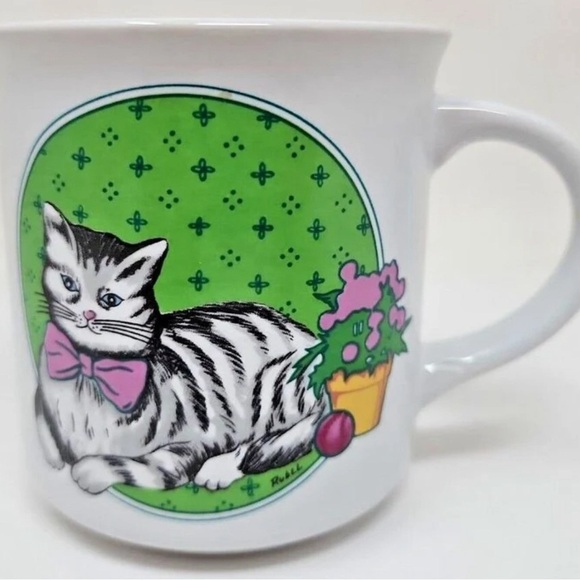 1985 chadwick miller spring theme pink bowtie cat coffee mug w2 - Picture 1 of 4